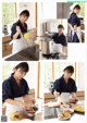 A woman in a kitchen preparing food with chopsticks.