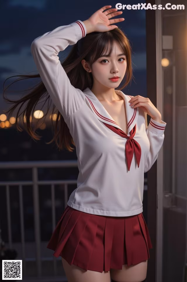 a woman in a white shirt and red skirt posing for a picture