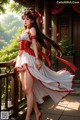 A woman in a red and white dress standing on a balcony.