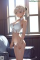 A woman in a white bikini standing in front of a window.